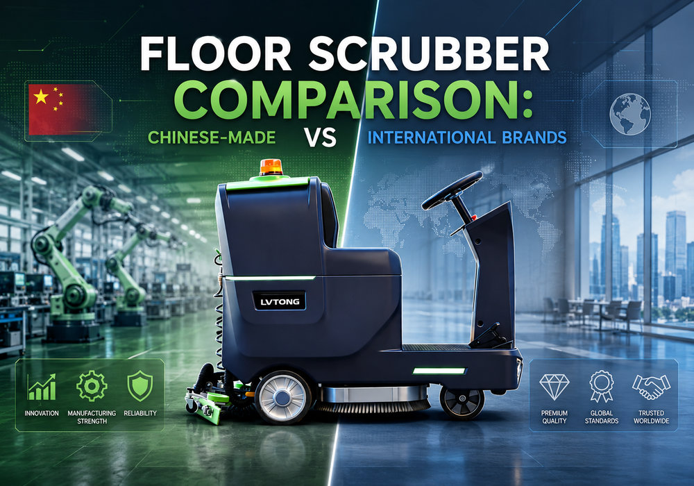Floor scrubber comparison between Chinese-made and international brands, featuring an LVTONG ride-on floor scrubber