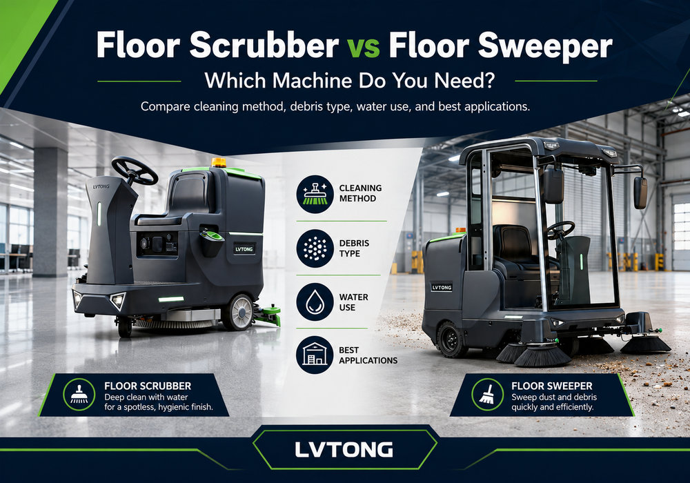 Floor scrubber vs floor sweeper comparison by cleaning method, debris type, water use and application