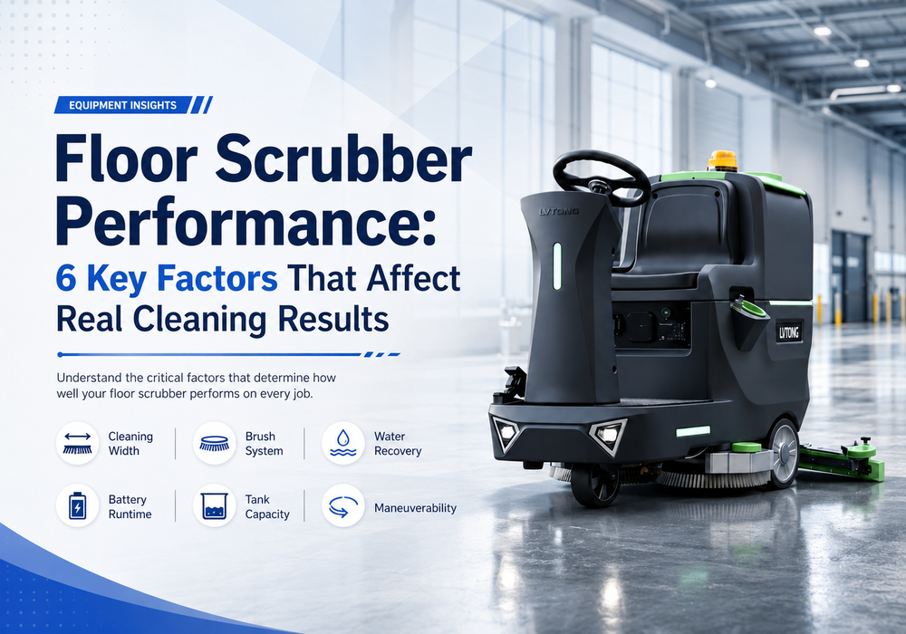 Industrial ride-on floor scrubber illustrating six key factors that affect real cleaning performance