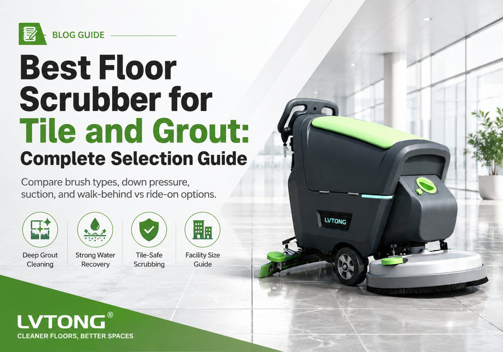 LVTONG tile floor scrubber guide poster showing a walk-behind scrubber for grout cleaning and water recovery