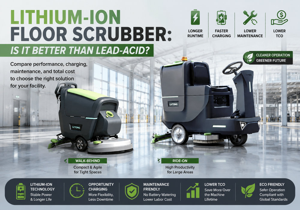 Lithium ion floor scrubber comparison showing walk-behind and ride-on machines with charging, maintenance and TCO benefits