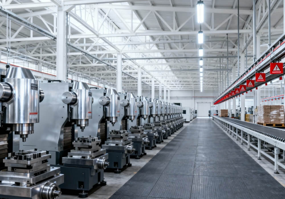 Manufacturing floor scrubber machine cleaning a machinery production workshop