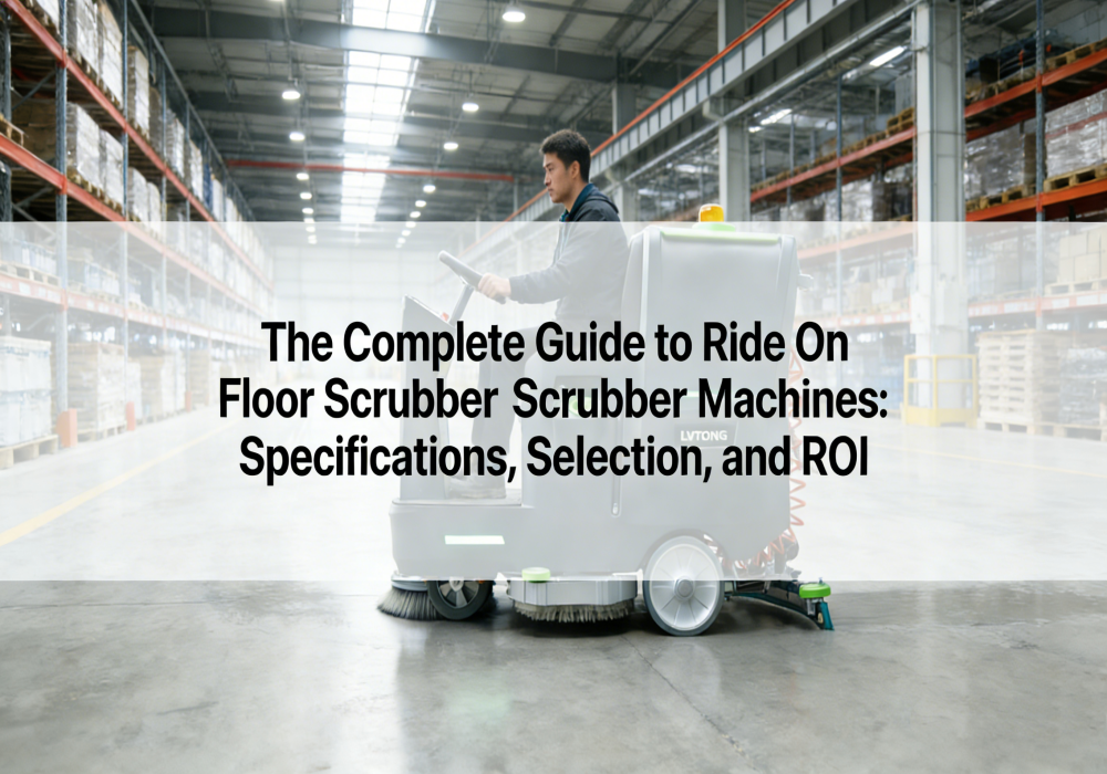 Lavadora de pisos autopropelida limpa com eficiência o piso de um grande armazém.