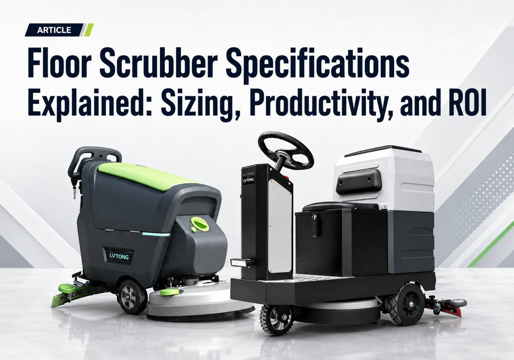 Walk-behind and ride-on floor scrubbers illustrating floor scrubber specifications, sizing, productivity, and ROI.