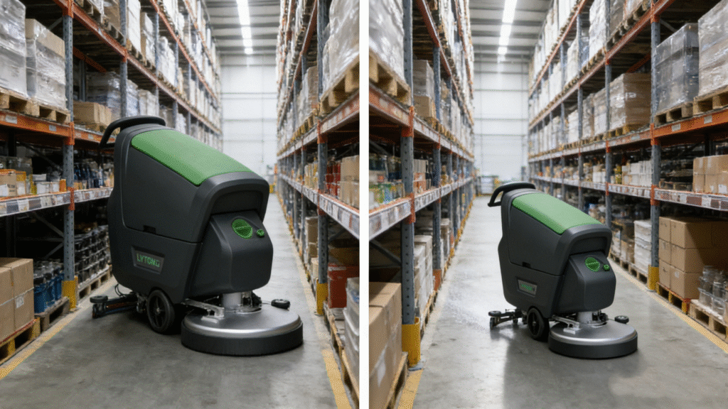 提取洗地机并添加文字 1_副本 - LVTONG Walk-behind commercial floor scrubber cleaning narrow warehouse aisles surrounded by shelves and palletized goods.