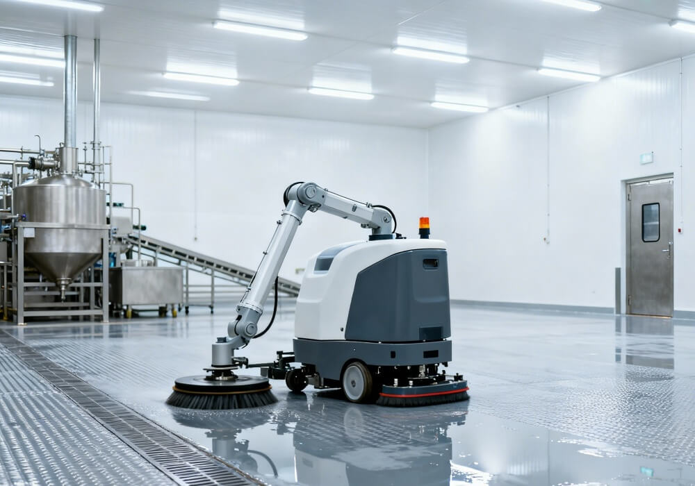 Industrial floor scrubber cleaning factory workshop with oil and dust