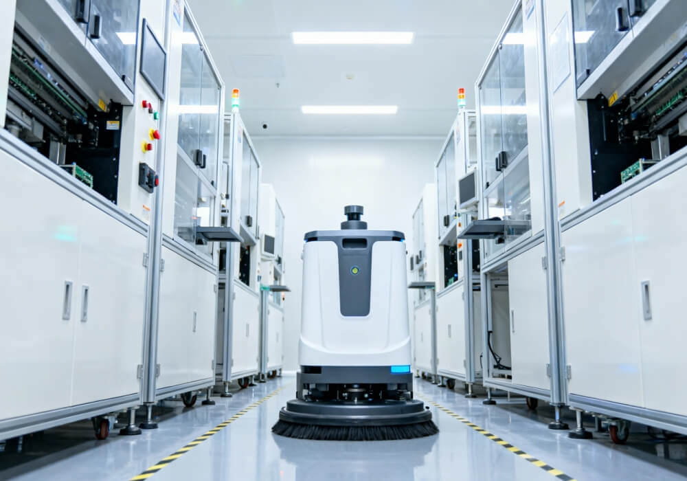 Industrial floor cleaning robot for enclosed indoor maintenance cleaning