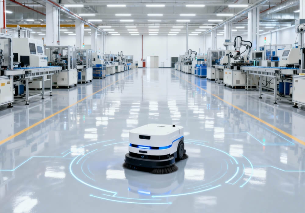 Autonomous floor cleaning robot navigating between laboratory workstations and microscopes