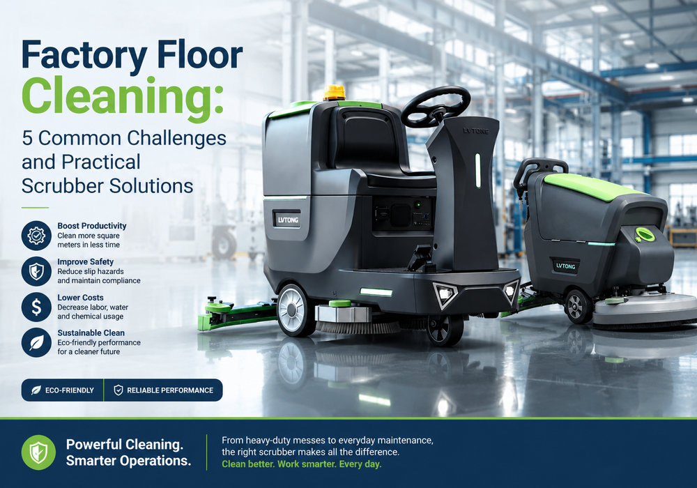 Factory floor cleaning poster with ride-on and walk-behind floor scrubbers in an industrial facility