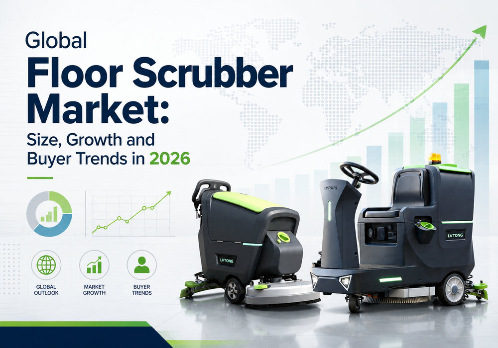 Global floor scrubber market report showing walk-behind and ride-on machines with growth and buyer trend graphics