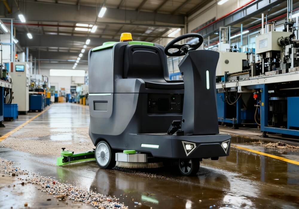Ride-on floor scrubber cleaning an industrial production floor