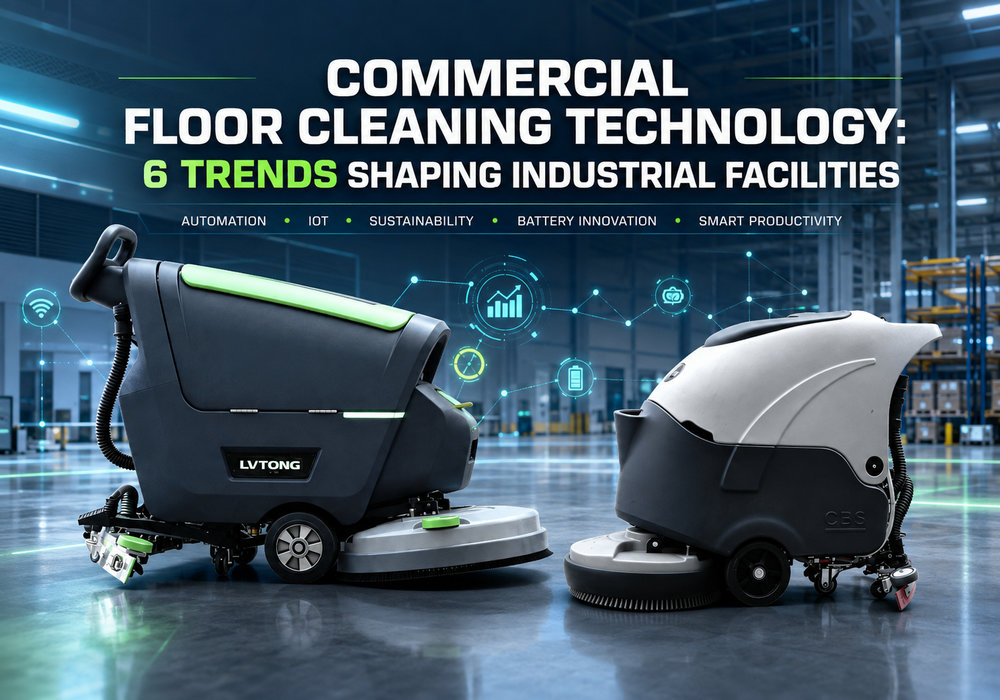 Commercial Floor Cleaning Technology: 6 Trends Shaping Industrial Facilities - LVTONG Two large industrial floor scrubbers sit in a high-tech warehouse, with digital graphics and the headline about commercial floor cleaning technology in the background.