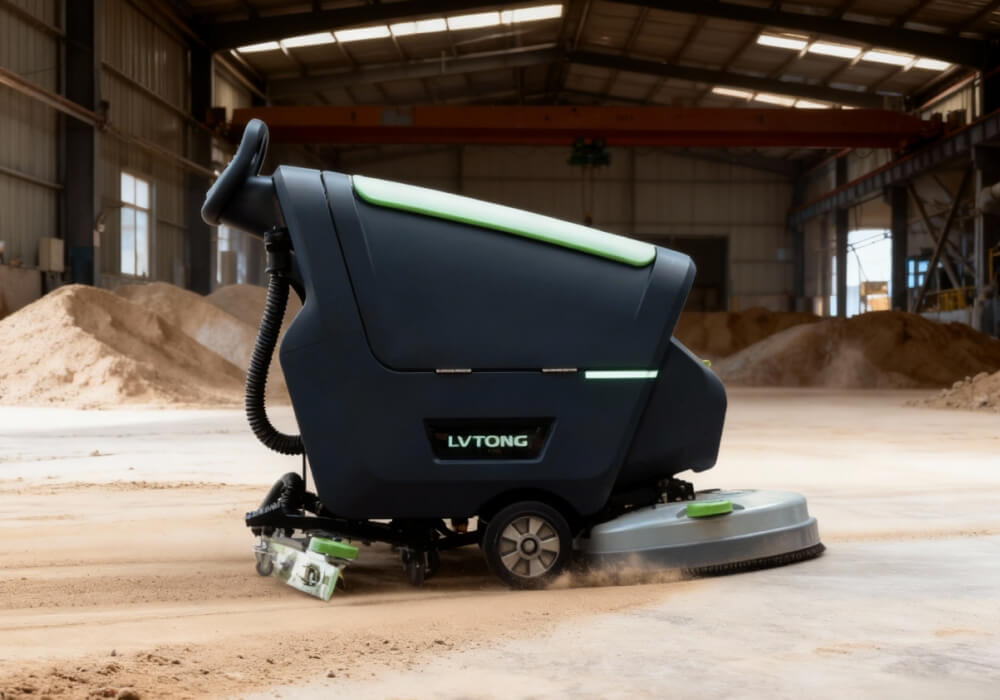 Walk-behind floor scrubber cleaning a sand-covered hard floor
