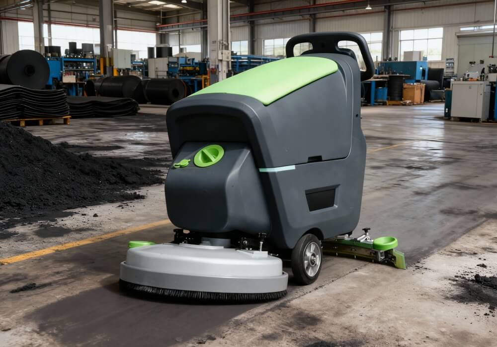 Industrial floor scrubber machine cleaning a factory workshop