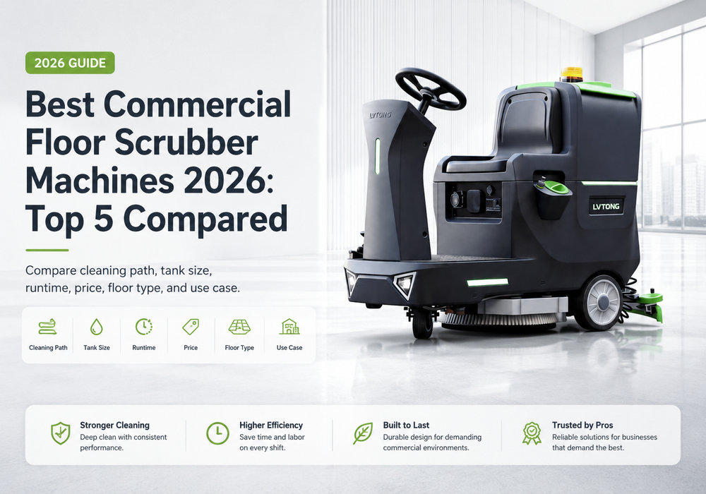 Best commercial floor scrubber machines for 2026 comparison featuring a LVTONG ride-on scrubber
