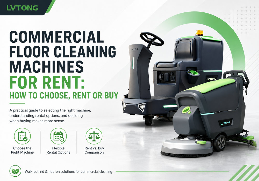 Commercial floor cleaning machines for rent, including walk-behind and ride-on floor scrubbers