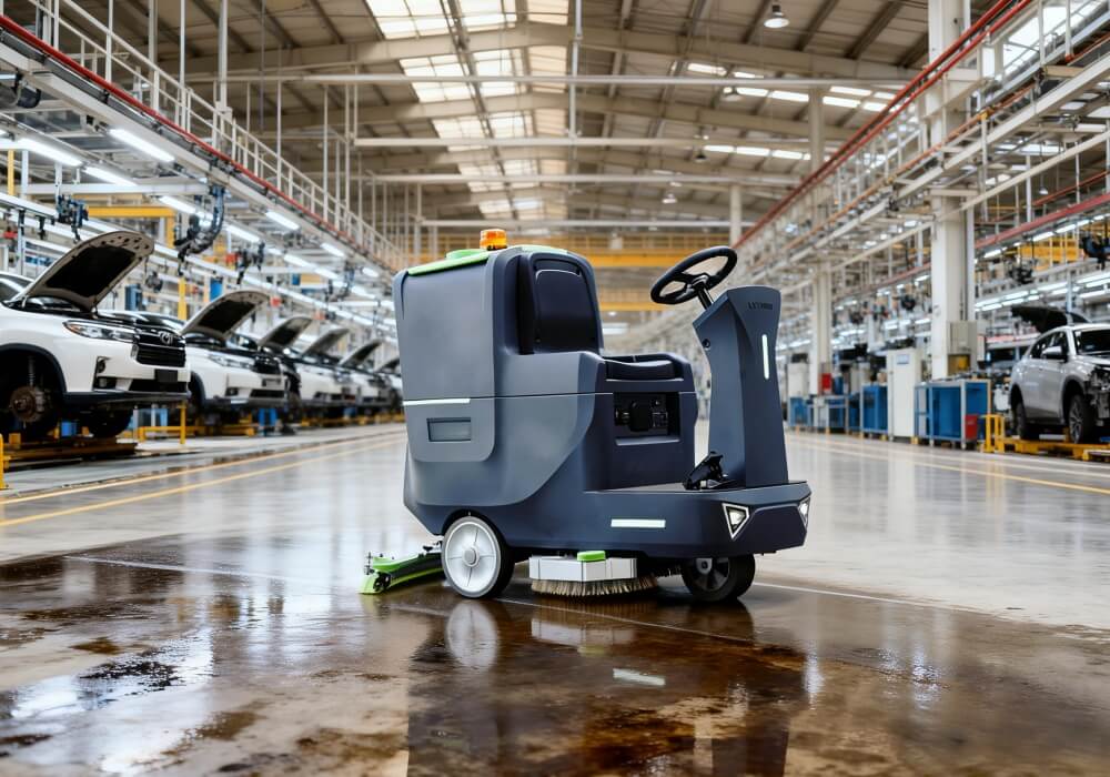 Heavy-duty ride-on industrial scrubber cleaning a car manufacturing workshop floor in 2026