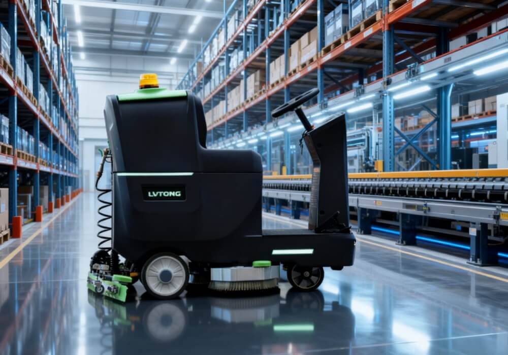 Robotic floor scrubber operating in warehouse