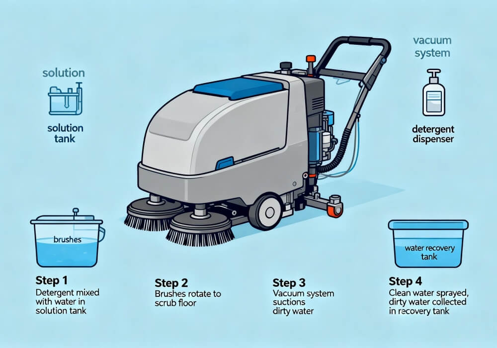 how does a floor scrubber work diagram