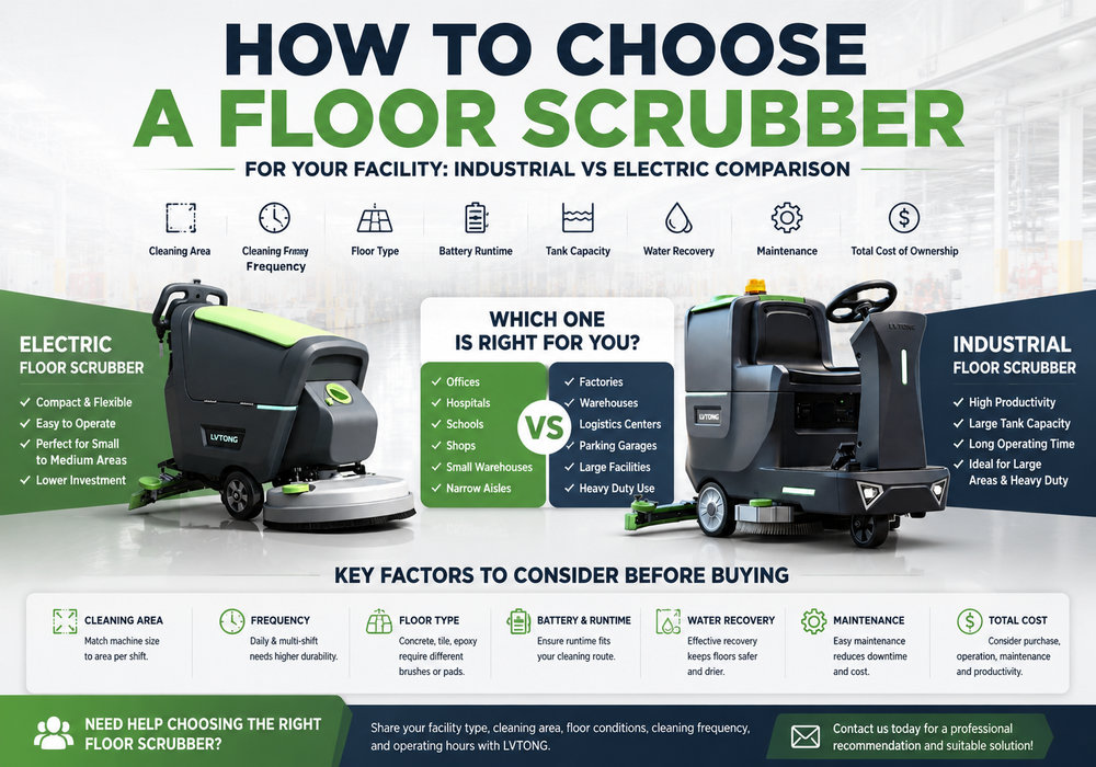 Infographic comparing electric vs industrial floor scrubbers, with two machines facing each other and a 'Which one is right for you?' decision section and icons for factors.