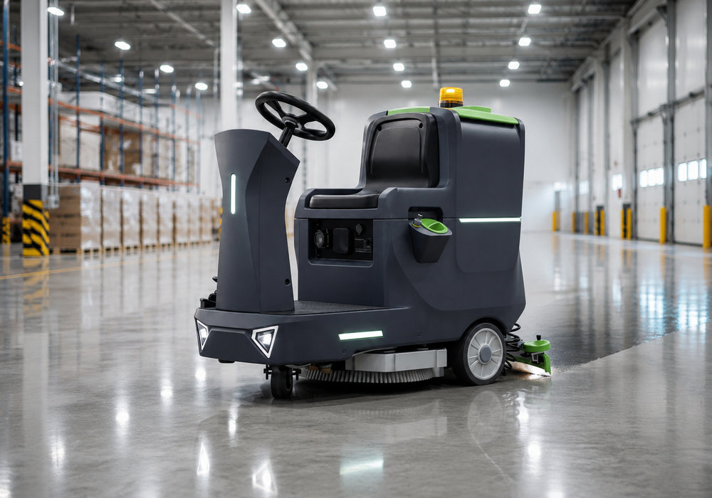 Industrial Ride-On Floor Scrubber for Warehouse Cleaning - LVTONG industrial ride-on floor scrubber cleaning a large warehouse