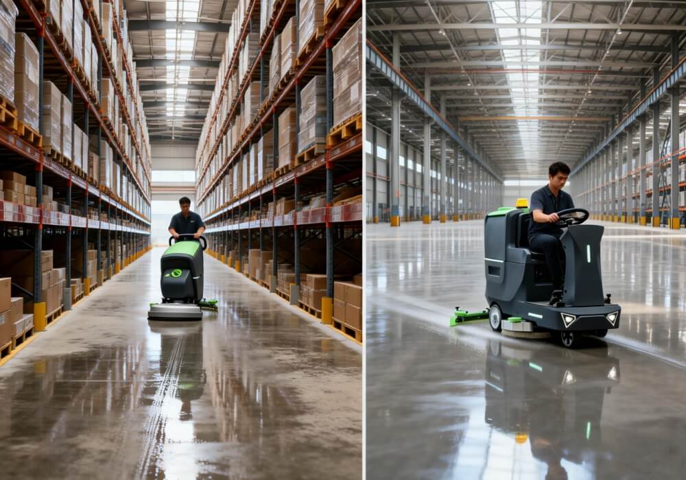 walk behind vs ride on floor scrubber warehouse comparison