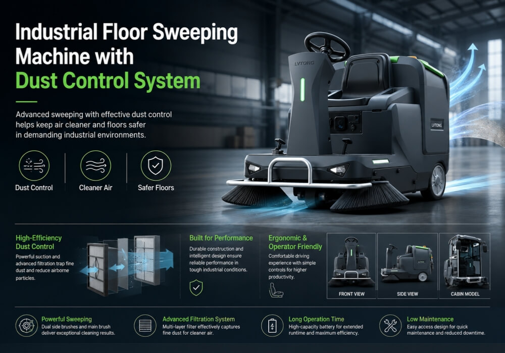 industrial floor sweeping machine with dust control system
