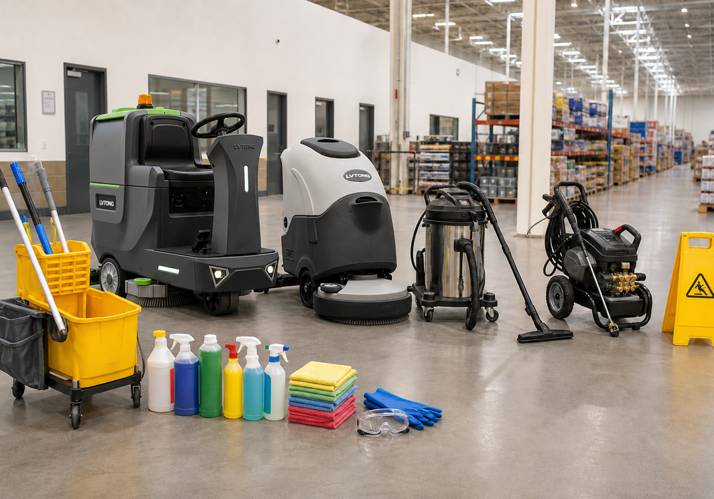 Commercial Cleaning Equipment List for Facility Maintenance - LVTONG Commercial cleaning equipment list with scrubbers, pressure washer, cart, PPE, and supplies in a facility