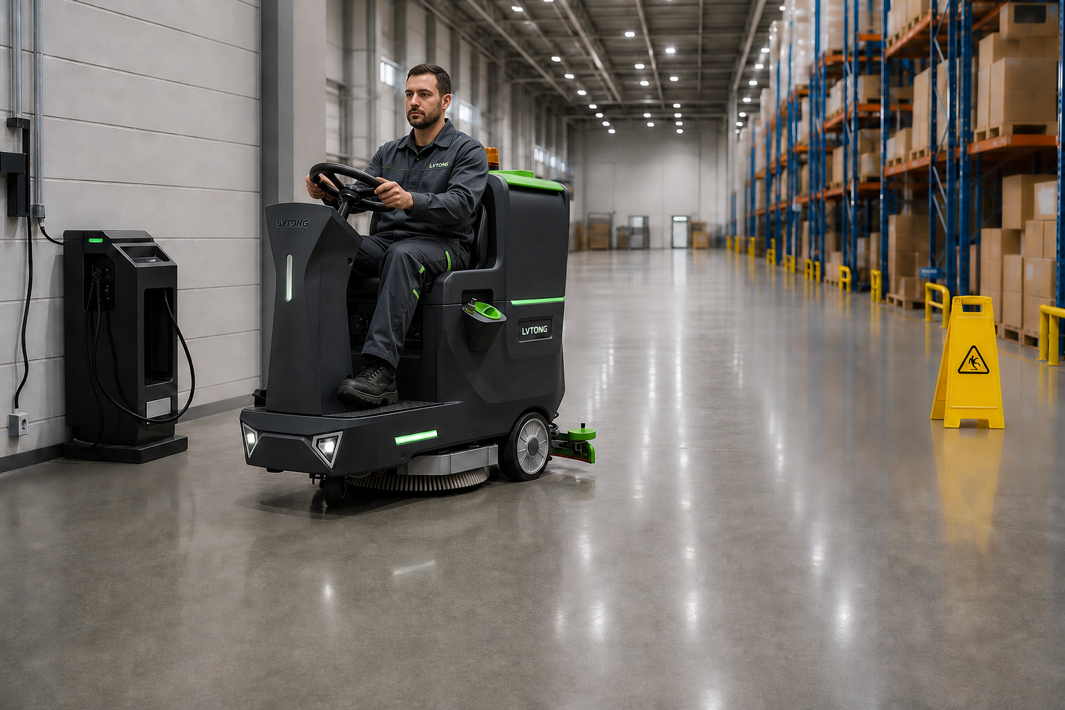 Floor Cleaning Machines for Commercial Facilities - LVTONG Ride-on floor scrubber cleaning a warehouse floor with safety signage