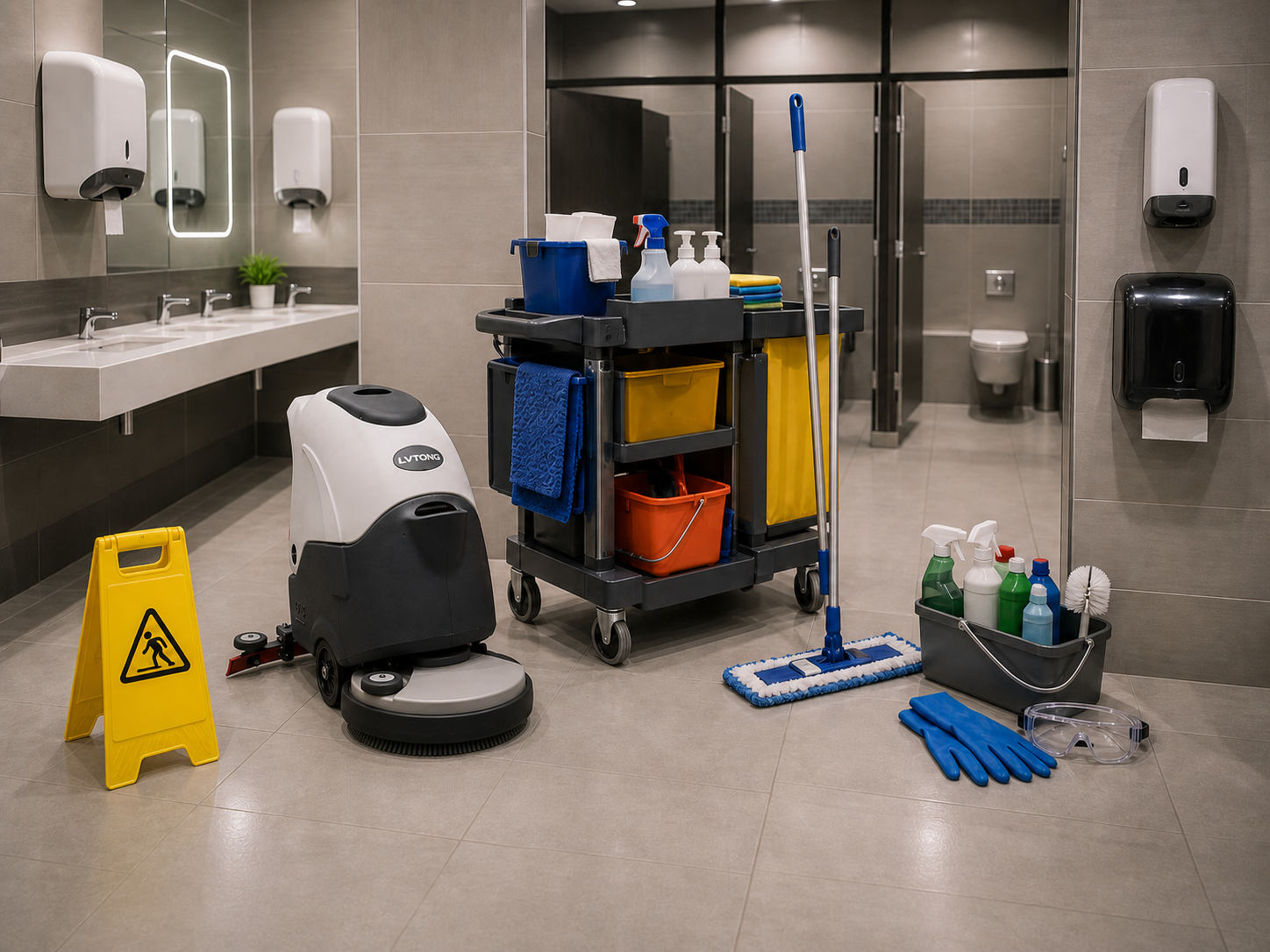 Restroom Cleaning Equipment and Tools - LVTONG Restroom cleaning equipment with compact floor scrubber, cart, mops, PPE, and disinfectants