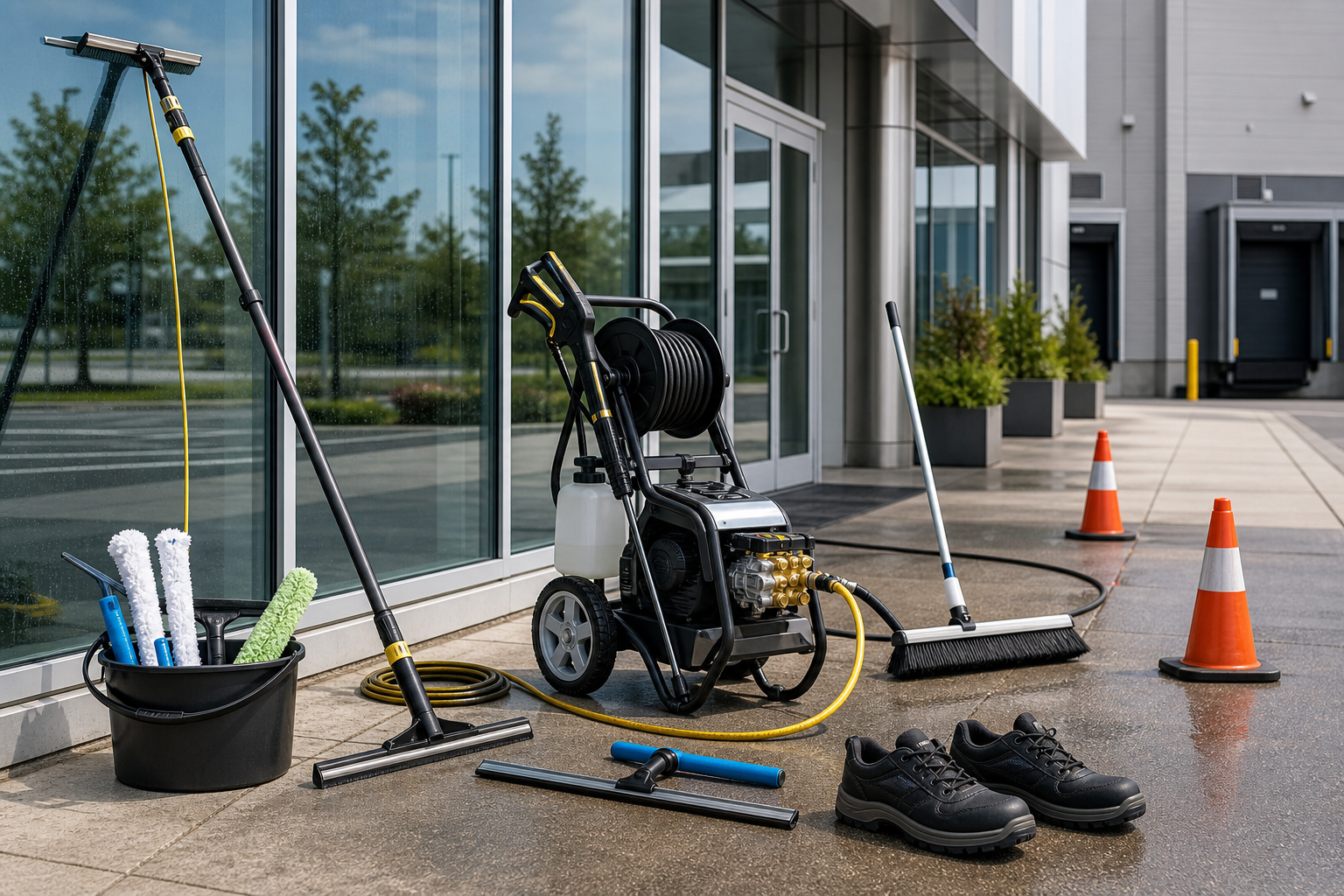 Window and Exterior Cleaning Equipment - LVTONG Window and exterior cleaning equipment with pressure washer, squeegees, poles, and safety cones