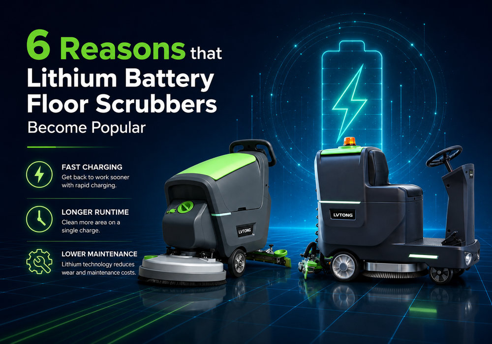 Floor Scrubber Battery Market: Why Lithium-Ion Adoption Is Growing - LVTONG - LVTONG Floor scrubber battery market poster showing lithium battery walk-behind and ride-on floor scrubbers