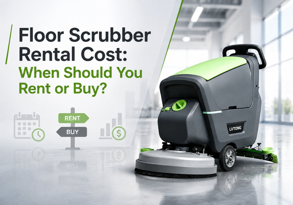 Floor scrubber rental cost poster comparing when businesses should rent or buy