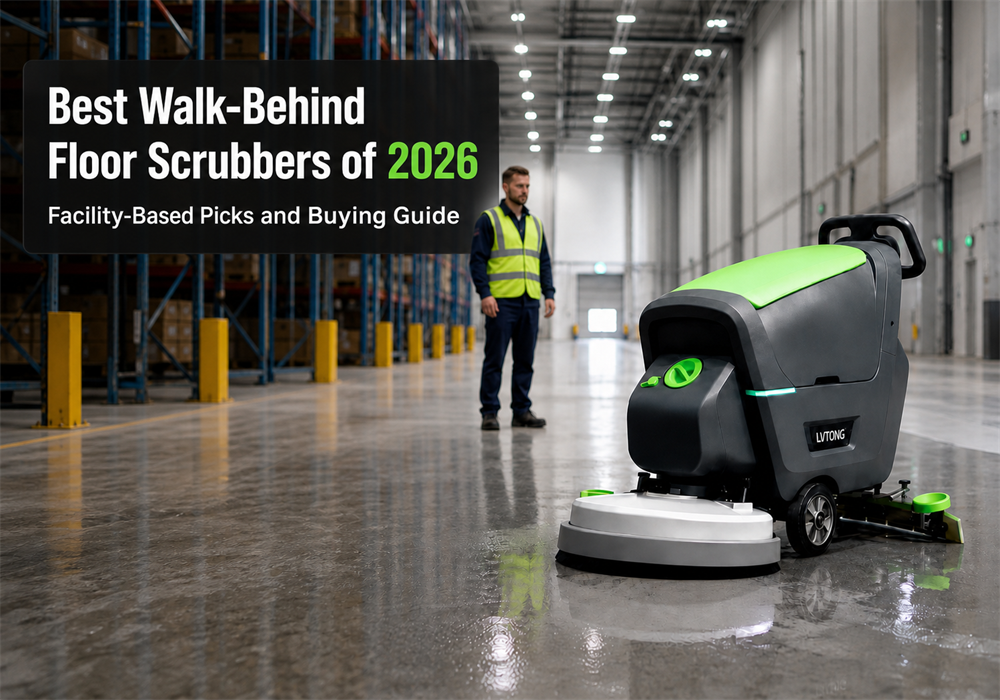 LVTONG walk-behind scrubber cleaning a modern warehouse aisle while a facility worker checks the route and floor condition.
