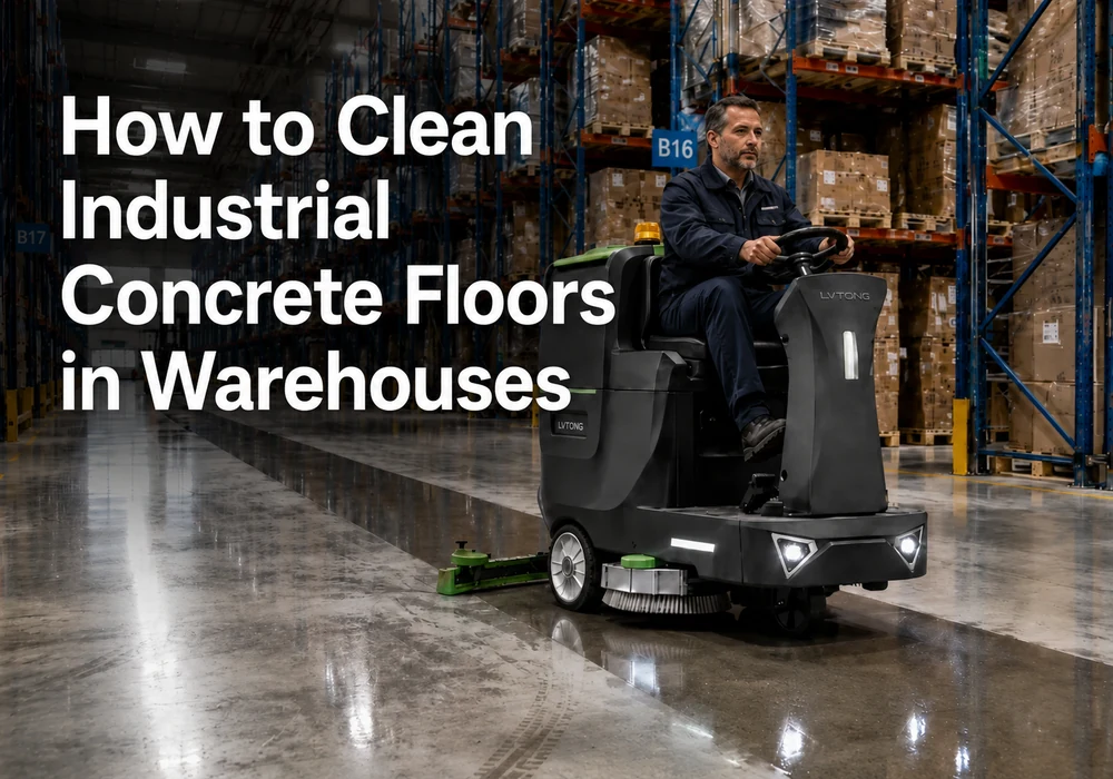 LVTONG ride-on floor scrubber cleaning a warehouse concrete floor, with the title How to Clean Industrial Concrete Floors in Warehouses.