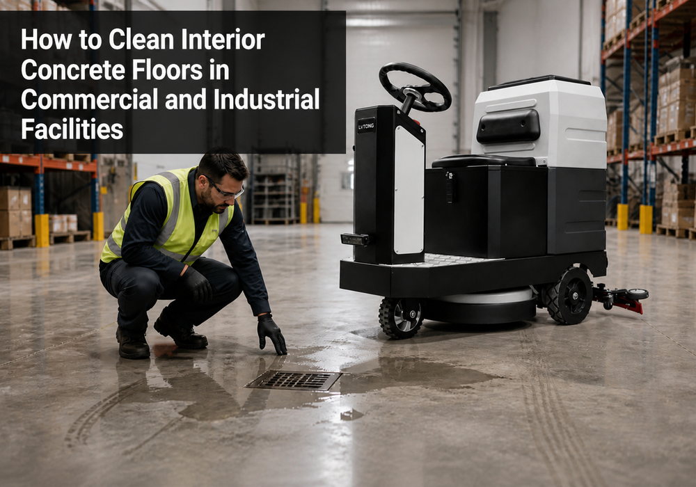 How to Clean Interior Concrete Floors in Commercial and Industrial Facilities - LVTONG - LVTONG How to clean interior concrete floors with an LVTONG ride-on floor scrubber