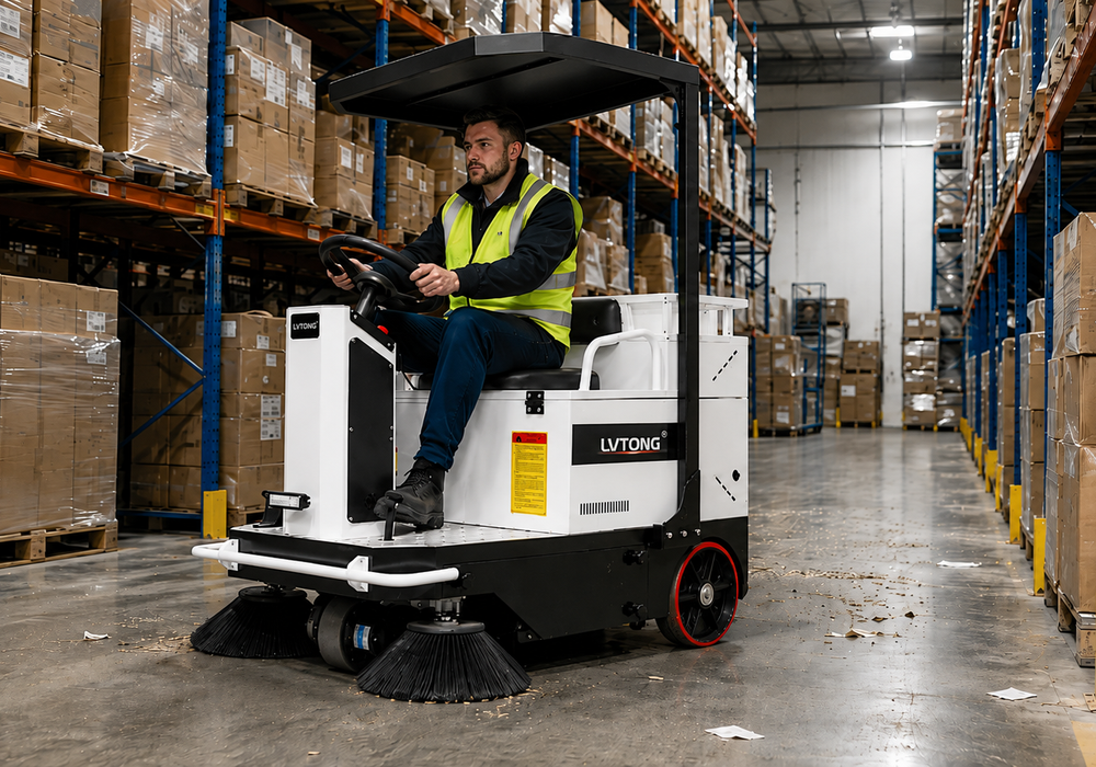 LVTONG 1250 Ride-On Sweeper Cleaning a Narrow Warehouse Aisle LVTONG 1250 ride-on sweeper cleaning a narrow warehouse aisle with dust and packaging debris in a modern logistics facility.