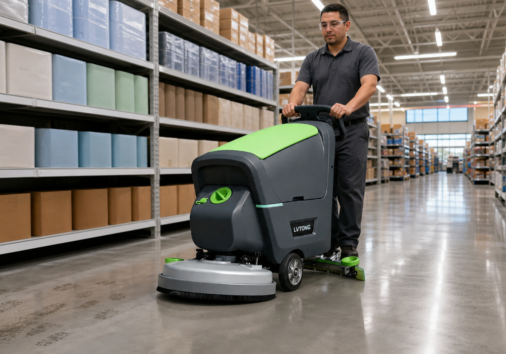 LVTONG LT-S530X Walk-Behind Floor Scrubber in a Supermarket Aisle LVTONG LT-S530X walk-behind floor scrubber cleaning a supermarket aisle before opening.