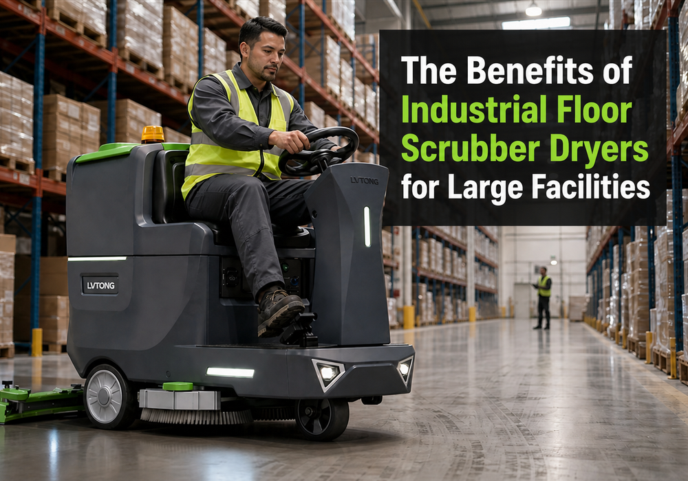 Benefits of Industrial Floor Scrubber Dryers for Large Facilities - LVTONG - LVTONG LVTONG LT-S710X ride-on floor scrubber dryer cleaning a large warehouse aisle with a facility operator.