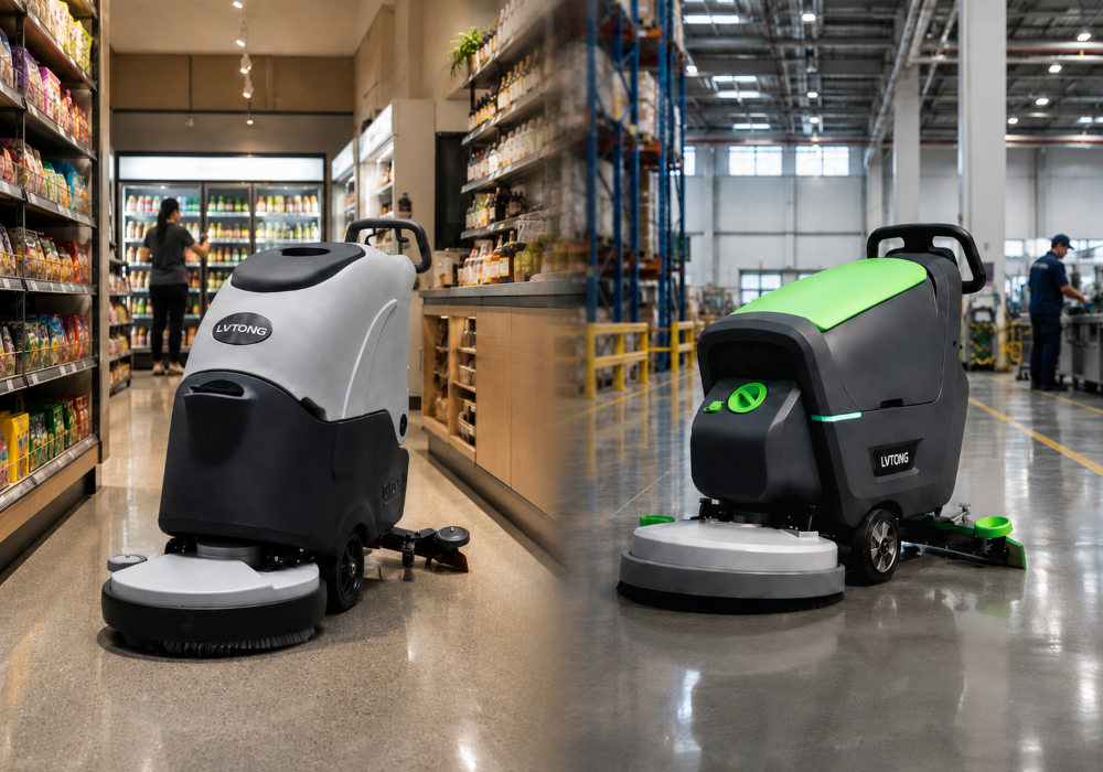 LVTONG Q5 and LT-S530X Walk-Behind Floor Scrubbers Split-scene image of LVTONG Q5 in a retail aisle and LT-S530X in a warehouse, showing compact and industrial use cases.