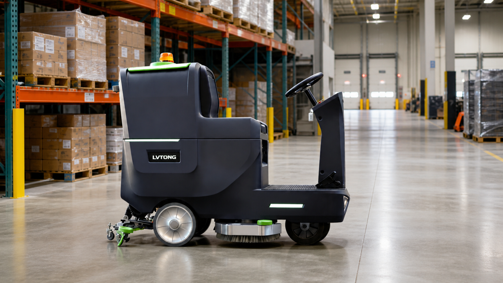 LVTONG Ride-On Hard Floor Cleaner Machine - LVTONG LVTONG ride-on hard floor cleaner machine cleaning a large warehouse floor