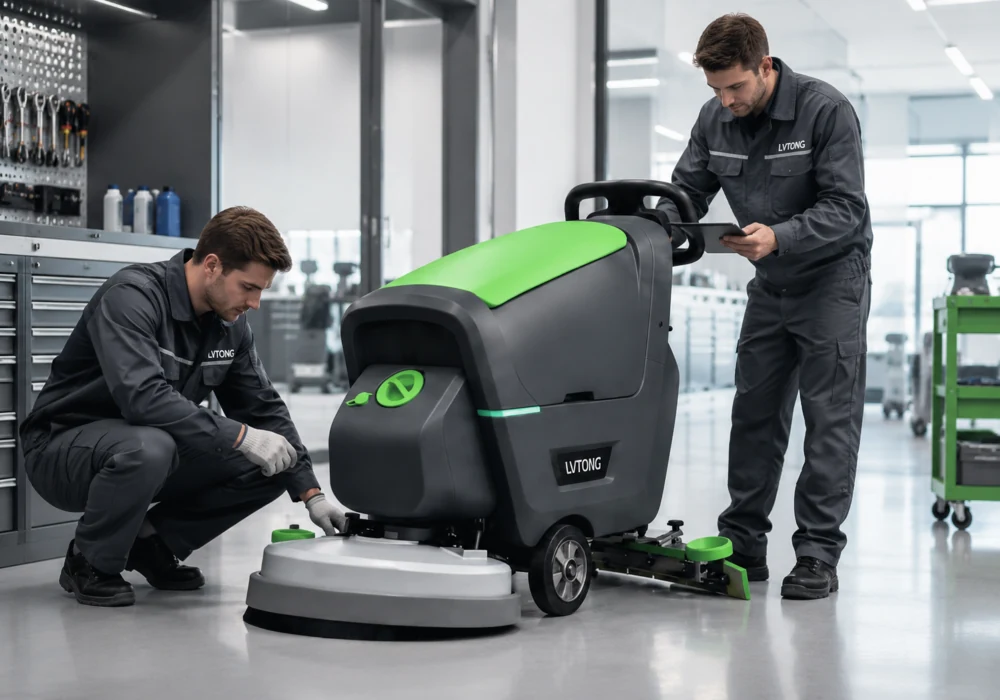 LVTONG Technicians Inspect a Walk-Behind Floor Scrubber LVTONG technicians inspect a walk-behind floor scrubber in a service workshop, checking brush, squeegee and tank setup