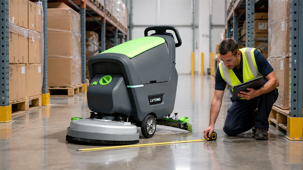 LVTONG Walk-Behind Hard Floor Cleaner Route Access - LVTONG LVTONG walk-behind hard floor cleaner machine checking narrow aisle route access