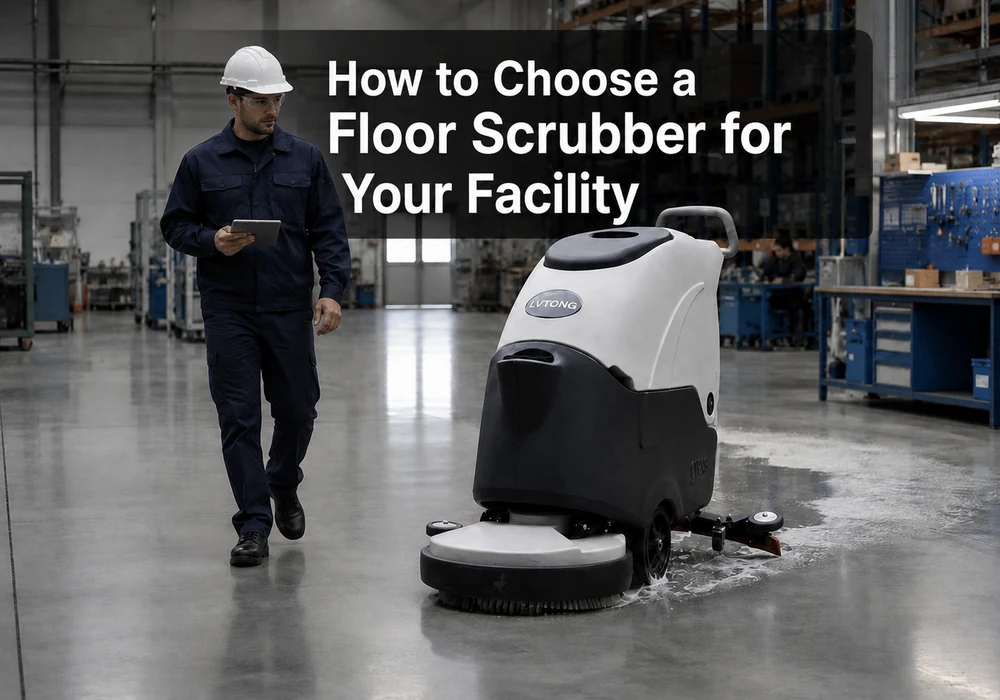 Operator Inspecting Floor Scrubber During Facility Assessment - LVTONG - LVTONG Operator inspecting floor scrubber cleaning a factory warehouse floor during route assessment and maintenance check process