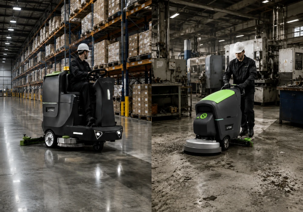 Ride-On and Walk-Behind Floor Scrubbers for Different Facilities Ride-on and walk-behind floor scrubbers cleaning warehouse aisles and factory floors with LVTONG machines in facilities now