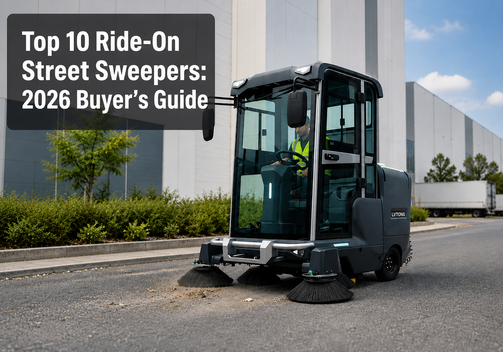 Top 10 Ride-On Street Sweepers: 2026 Buyer’s Guide - LVTONG - LVTONG Top 10 ride-on street sweepers 2026 buyer’s guide cover featuring an LVTONG sweeper outside an industrial facility.