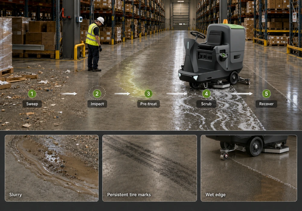 Warehouse Concrete Floor Cleaning Process Warehouse floor cleaning infographic showing five steps, slurry, persistent tire marks, and a wet edge during scrubber use.