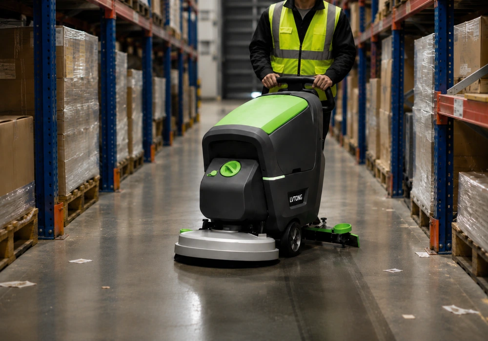 Walk-Behind Floor Scrubber for Warehouse Aisles LVTONG walk-behind floor scrubber cleaning a narrow warehouse aisle with pallet racks, dust, paper scraps, and tire marks.