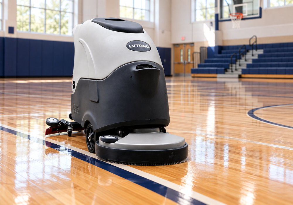 Gym Floor Cleaning Machine on Basketball Court - LVTONG A compact walk-behind gym floor cleaning machine polishing a school basketball court between the court lines