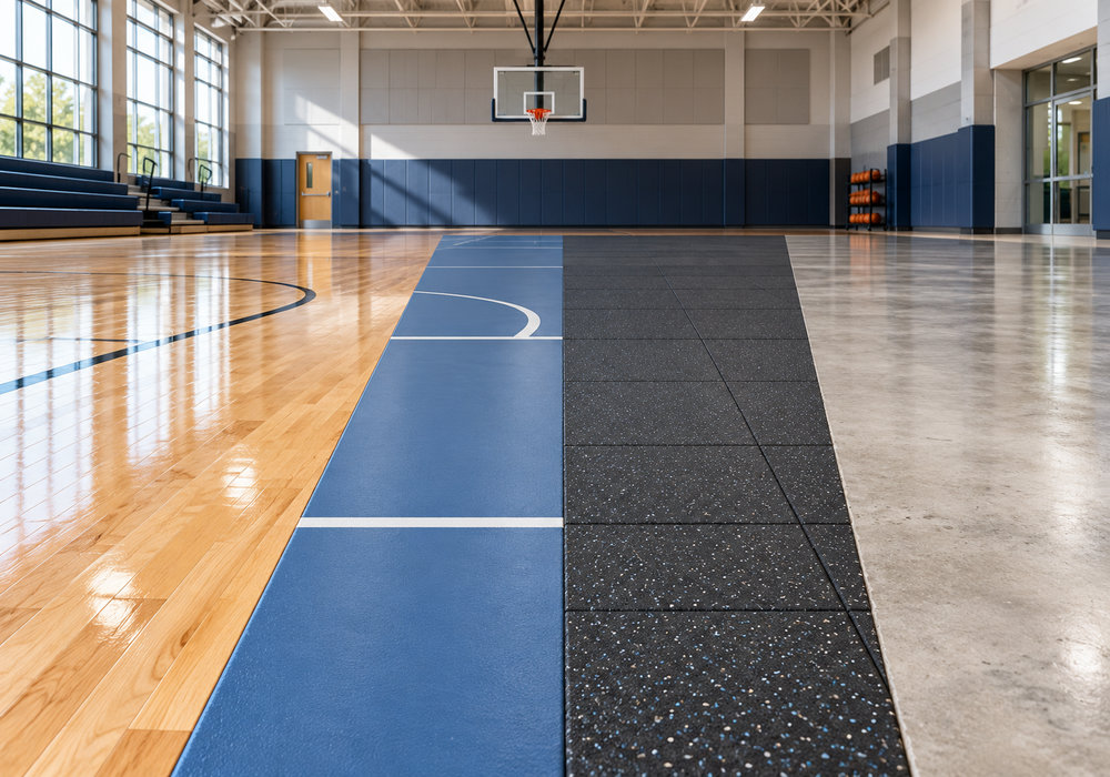 Four Common Gym Floor Surface Types - LVTONG Four gym floor surfaces side by side sealed maple court sport vinyl rubber tiles and concrete surround